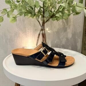 Vionic Radia Suede Wedge Sandal Blue Patent Leather Croc Like New Women's 8 Wide
